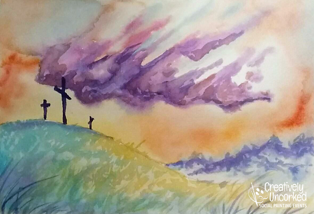 Three Crosses in Watercolor at Creatively Uncorked https://creativelyuncorked.com/
