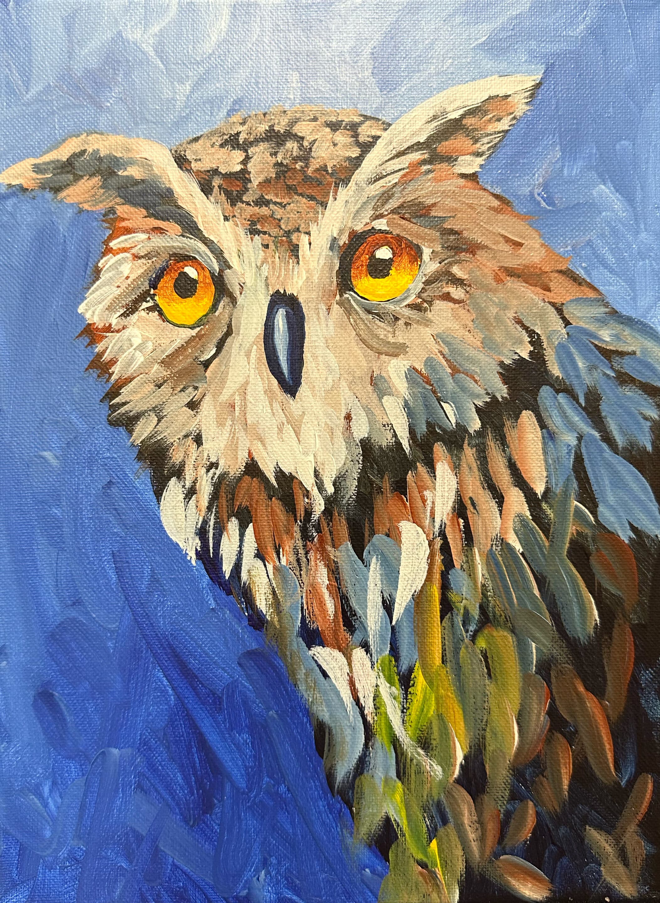 Great Horned Owl paint along video at https://members.creativelyuncorked.com/