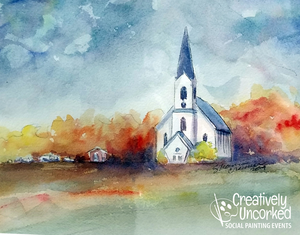 Little White Church in Watercolor at Creatively Uncorked https://creativelyuncorked.com/