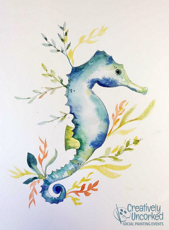 Seahorse in Watercolor at Creatively Uncorked https://creativelyuncorked.com/