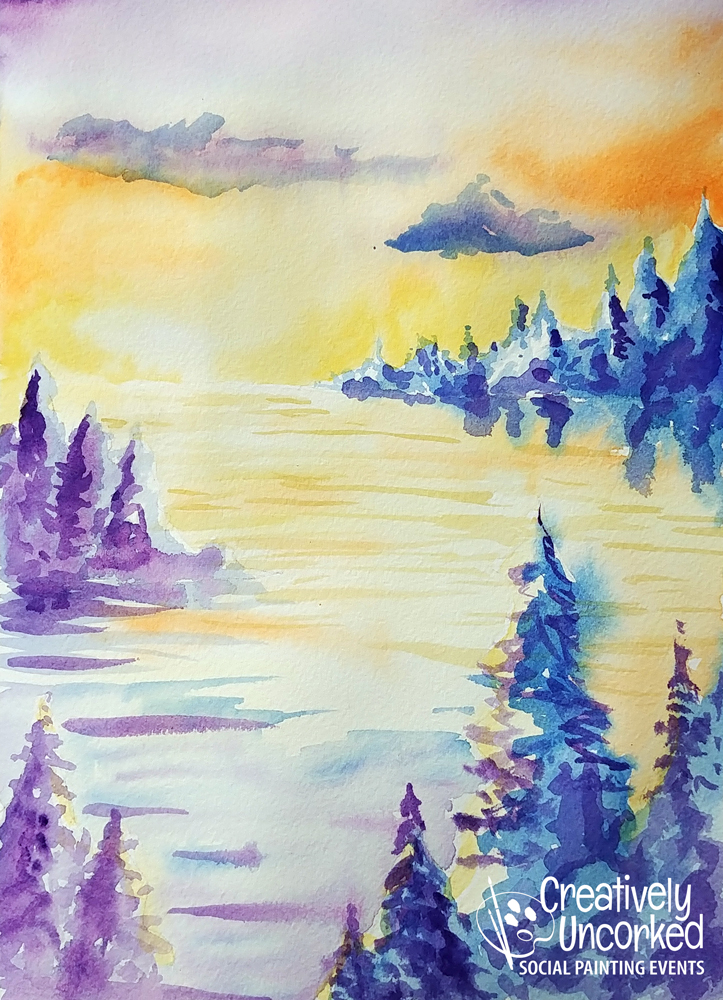 Sunset in the Woods in Watercolor at Creatively Uncorked https://creativelyuncorked.com