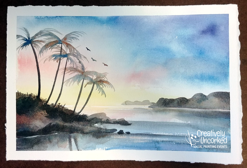 Tropical Sunset in Watercolor at Creatively Uncorked https://creativelyuncorked.com/