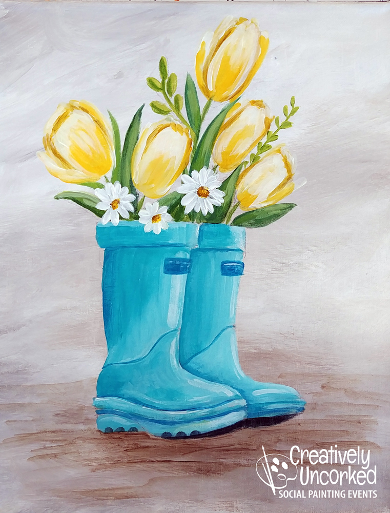 Tulips in Boots at Creatively Uncorked https://creativelyuncorked.com