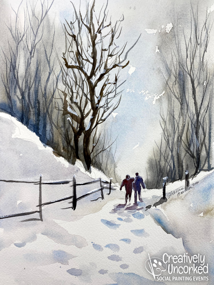 Walking the Winter Path in Watercolor at Creatively Uncorked https://creativelyuncorked.com