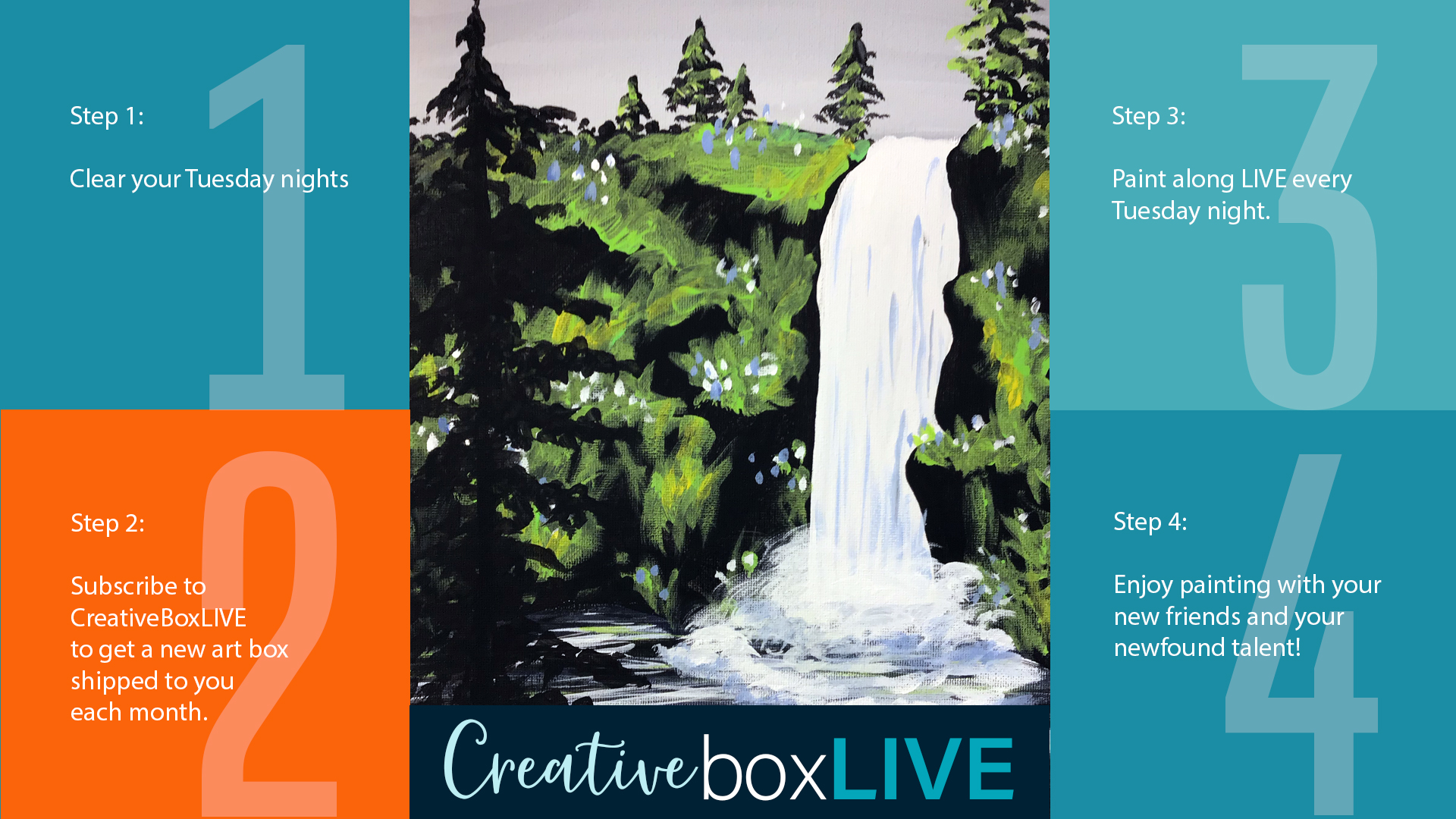 Waterfall at Dusk CBL a CreativeBoxLIVE painting by Creatively Uncorked
