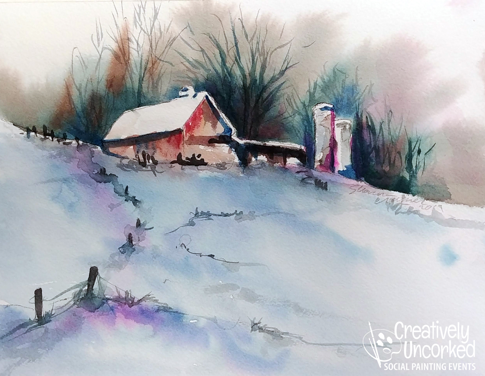 Winter Barn in Watercolor at Creatively Uncorked https://creativelyuncorked.com