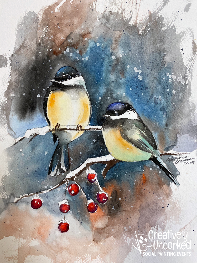 Winter Chickadees in Watercolor at Creatively Uncorked https://creativelyuncorked.com
