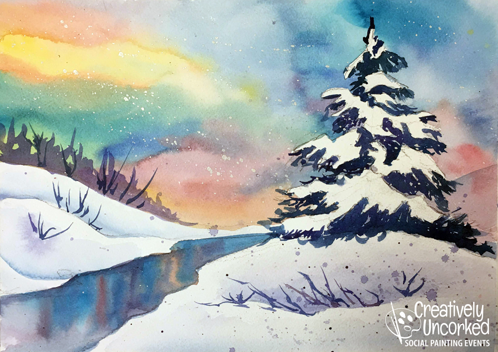 Winter Sunrise on the River in Watercolor at Creatively Uncorked https://creativelyuncorked.com